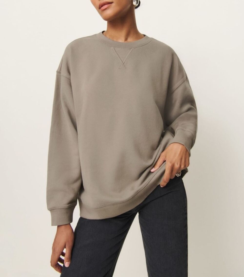 Reformation Drew Vintage Oversized Crewneck Sweatshirt Small Taupe Fleece Lined
